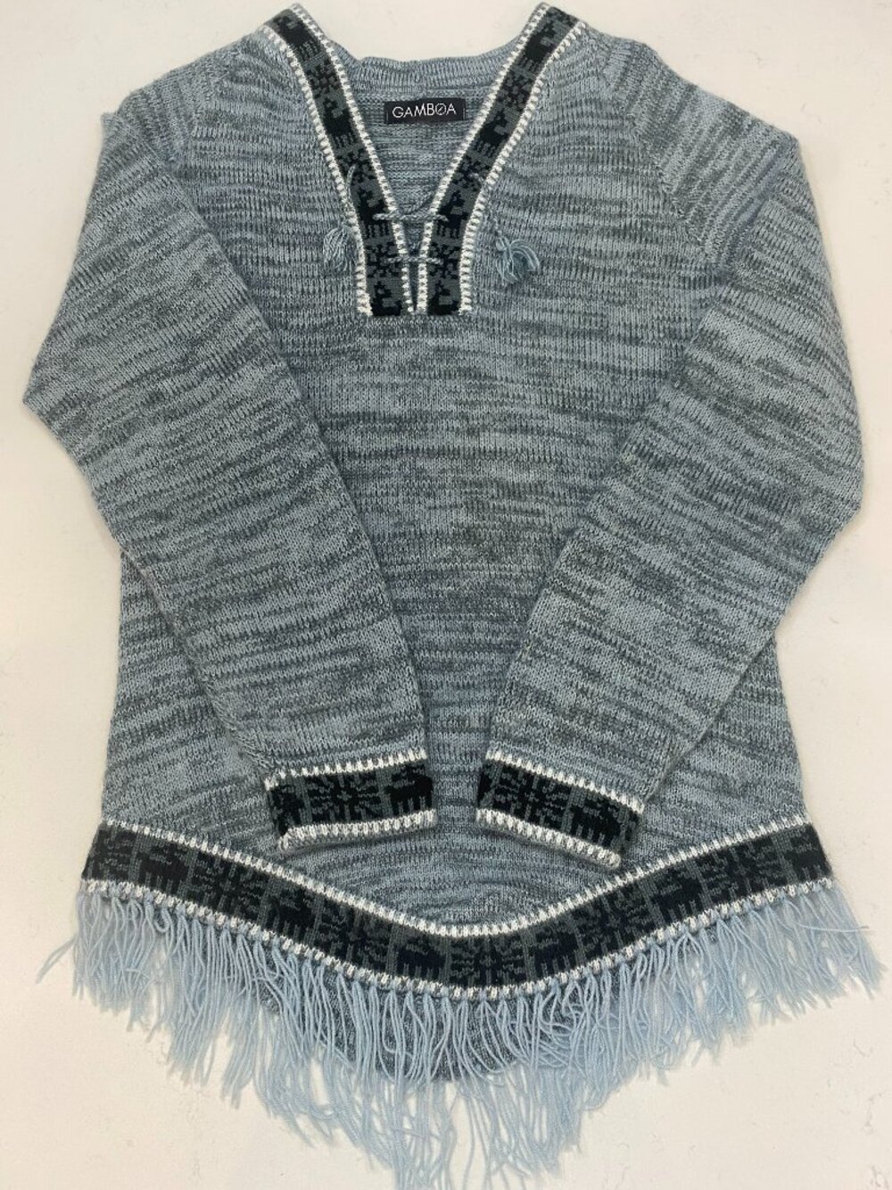 Gamboa Gray Alpaca Wool Kint Fringe V-Neck Boho Pullover Sweater